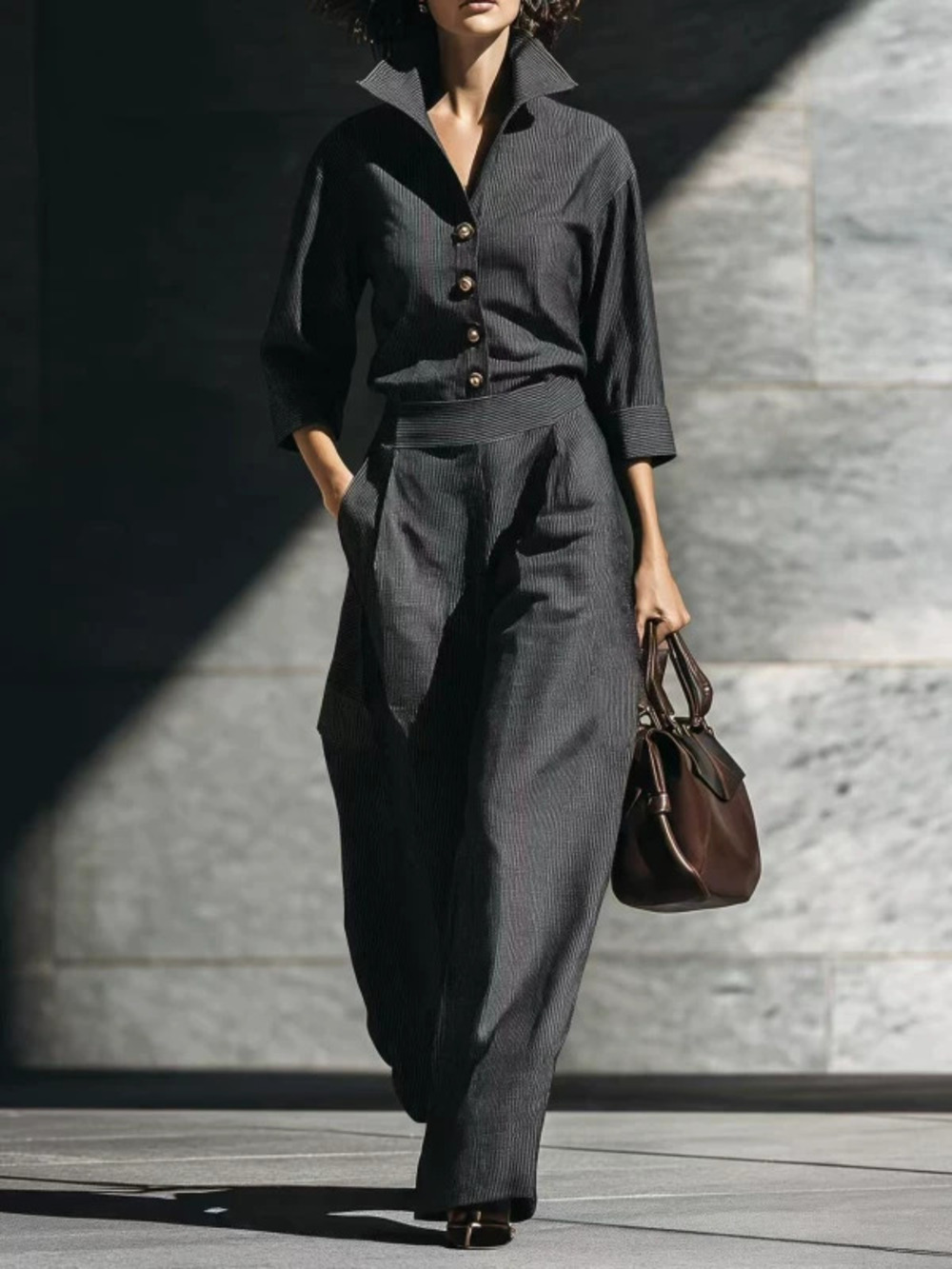 ZARA Autumn Premium Pinstripe Shirt and Wide Leg Pants 2 Piece Set